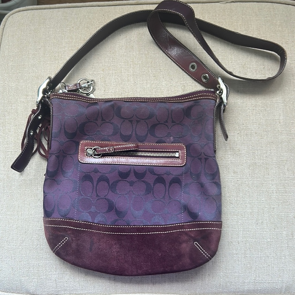 Vintage Coach Print Suede Leather Shoulder Bag